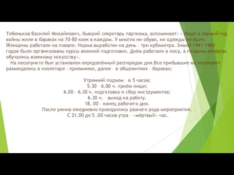 Тебеньков Василий Михайлович, бывший секретарь парткома, вспоминает: « Люди в первый год