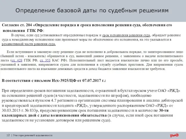 Определение базовой даты по судебным решениям Согласно ст. 204 «Определение порядка и