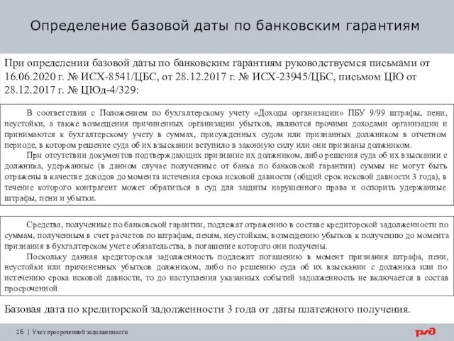 Определение базовой даты по банковским гарантиям | Учет просроченной задолженности 16 При