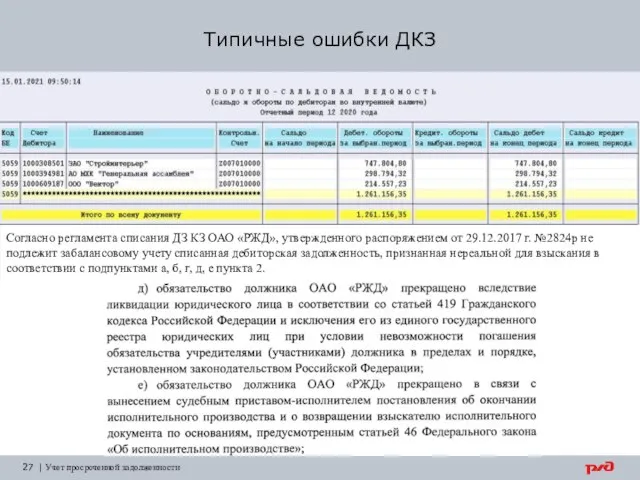 Типичные ошибки ДКЗ 27 | Учет просроченной задолженности Согласно регламента списания ДЗ