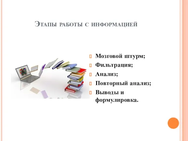 Этапы работы с информацией Мозговой штурм; Фильтрация; Анализ; Повторный анализ; Выводы и формулировка.