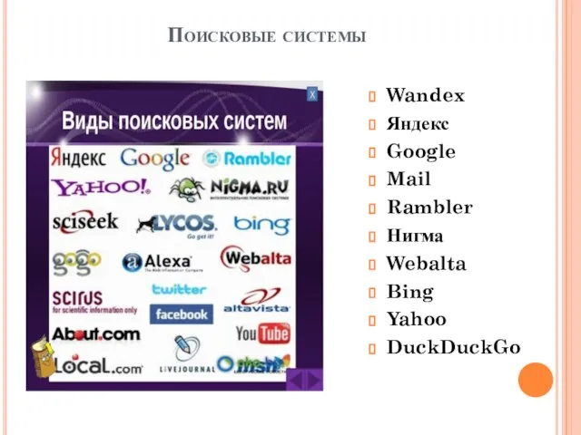 Поисковые системы Wandex Яндекс Google Mail Rambler Нигма Webalta Bing Yahoo DuckDuckGo