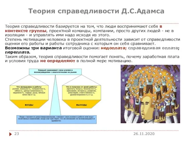 Теория справедливости Д.С.Адамса Теория справедливости базируется на том, что люди воспринимают себя