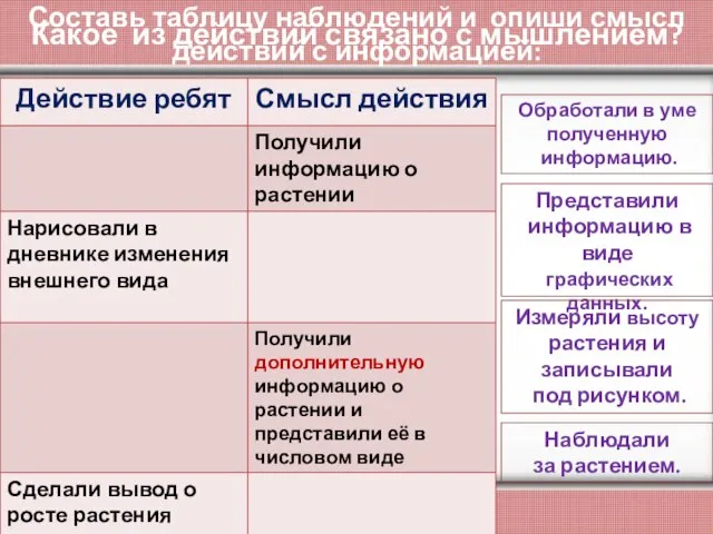 Составь таблицу наблюдений и опиши смысл действий с информацией: Наблюдали за растением.