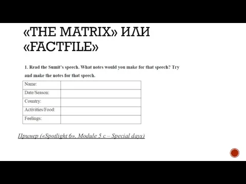 «THE MATRIX» ИЛИ «FACTFILE» Пример («Spotlight 6», Module 5 с – Special days)