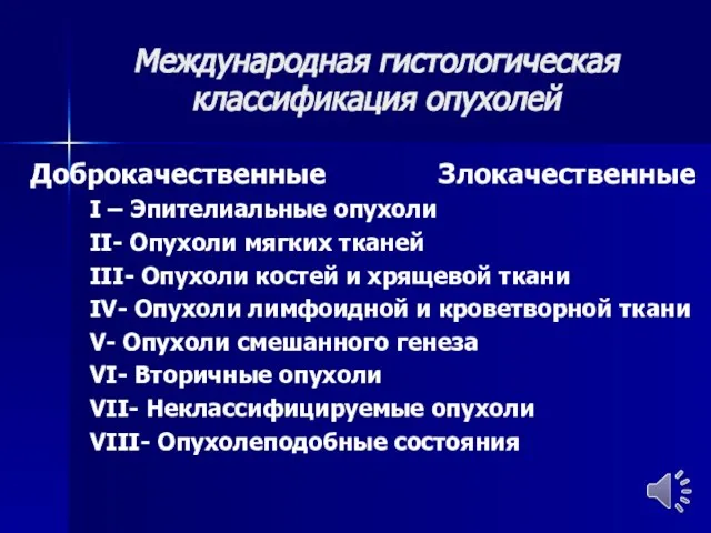 Международная гистологическая классификация опухолей Доброкачественные Злокачественные I – Эпителиальные опухоли II- Опухоли