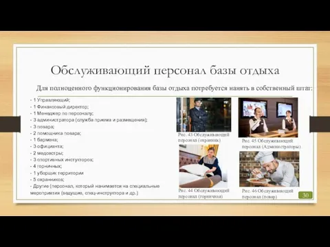 Обслуживающий персонал базы отдыха Для полноценного функционирования базы отдыха потребуется нанять в