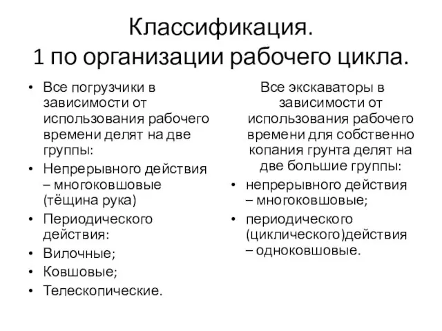 Классификация. 1 по организации рабочего цикла. Все погрузчики в зависимости от использования