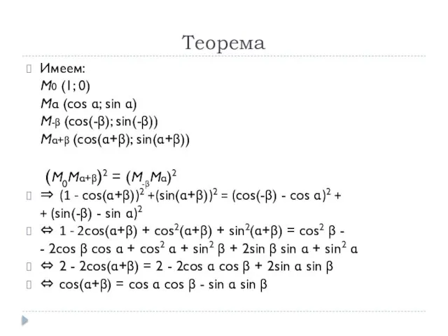 Теорема Имеем: M0 (1; 0) Mα (cos α; sin α) M-β (cos(-β);