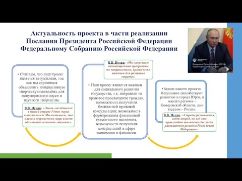 Актуальность проекта в части реализации Послания Президента Российской Федерации Федеральному Собранию Российской Федерации