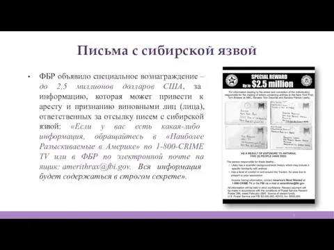 Письма с сибирской язвой ФБР объявило специальное вознаграждение – до 2,5 миллионов