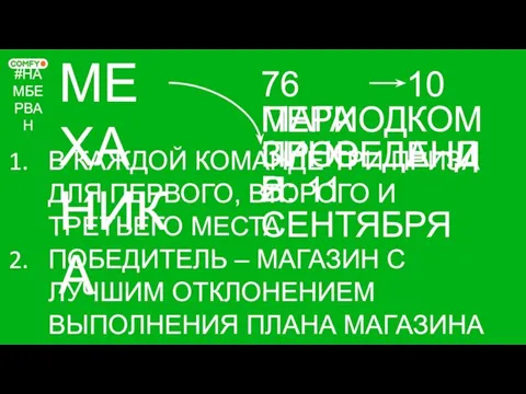 #НАМБЕРВАН МЕХАНИКА 76 МАГАЗИНОВ ПЕРИОД ПРОВЕДЕНИЯ: 11 СЕНТЯБРЯ 10 КОМАНД В КАЖДОЙ