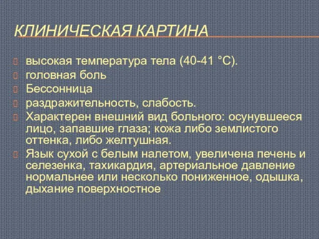 КЛИНИЧЕСКАЯ КАРТИНА высокая температура тела (40-41 °С). головная боль Бессонница раздражительность, слабость.