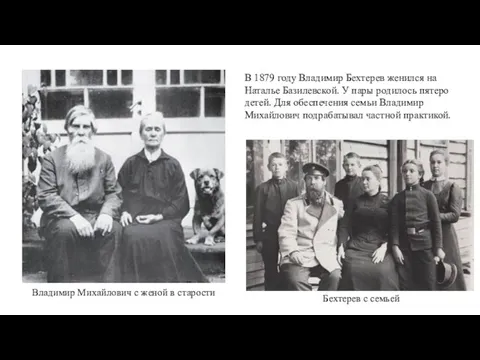 В 1879 году Владимир Бехтерев женился на Наталье Базилевской. У пары родилось