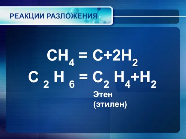 РЕАКЦИИ РАЗЛОЖЕНИЯ CH4 = C+2H2 C 2 H 6 = C2 H4+H2 Этен (этилен)