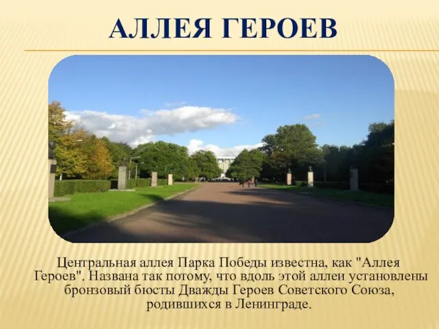 АЛЛЕЯ ГЕРОЕВ Центральная аллея Парка Победы известна, как "Аллея Героев". Названа так