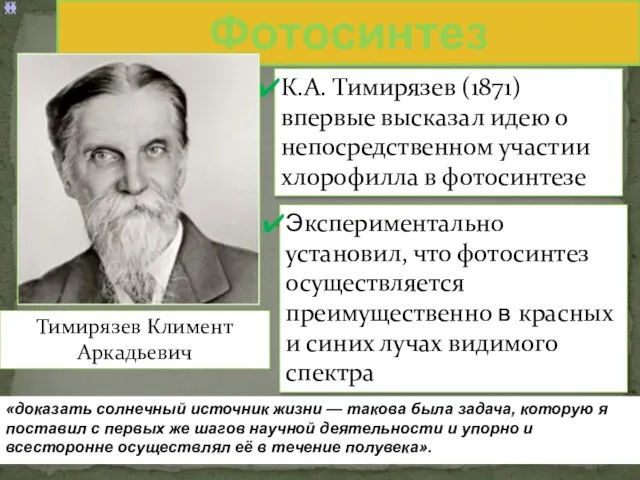 Фотосинтез К.А. Тимирязев (1871) впервые высказал идею о непосредственном участии хлорофилла в