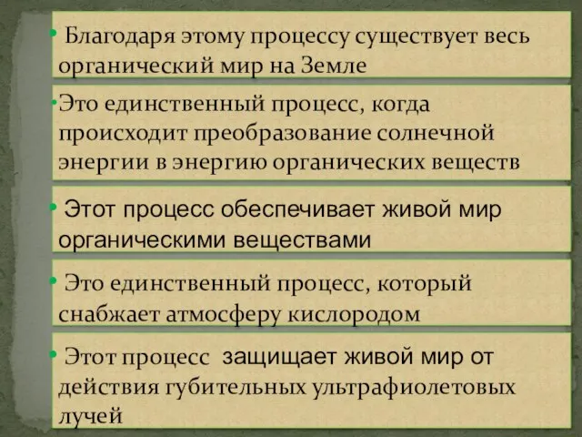 Благодаря этому процессу существует весь органический мир на Земле Это единственный процесс,