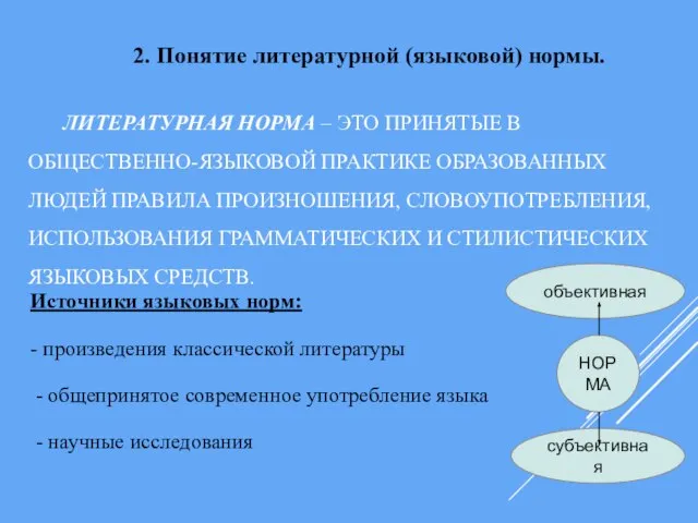 ЛИТЕРАТУРНАЯ НОРМА – ЭТО ПРИНЯТЫЕ В ОБЩЕСТВЕННО-ЯЗЫКОВОЙ ПРАКТИКЕ ОБРАЗОВАННЫХ ЛЮДЕЙ ПРАВИЛА ПРОИЗНОШЕНИЯ,