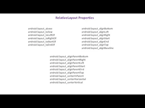 RelativeLayout Properties … android:layout_above android:layout_below android:layout_toLeftOf android:layout_toRightOf android:layout_toStartOf android:layout_toEndOf android:layout_alignBottom android:layout_alignLeft android:layout_alignRight