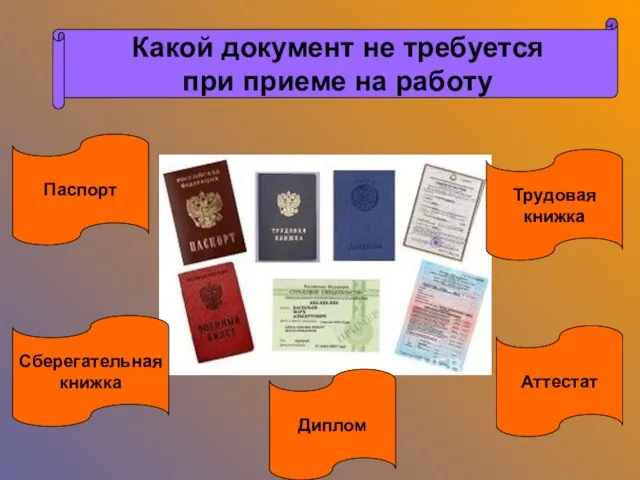 Какой документ не требуется при приеме на работу Сберегательная книжка Паспорт Трудовая книжка Аттестат Диплом