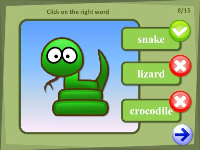 lizard crocodile snake Click on the right word 8/15