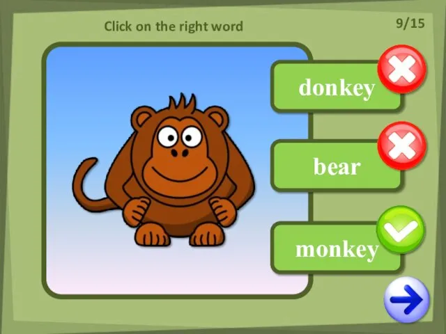 donkey bear monkey Click on the right word 9/15