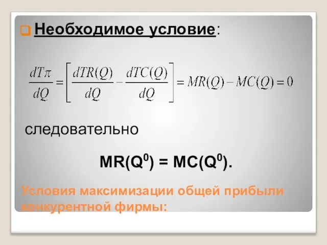 Условия максимизации общей прибыли конкурентной фирмы: Необходимое условие: следовательно MR(Q0) = MC(Q0).