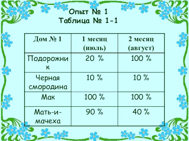 Опыт № 1 Таблица № 1-1