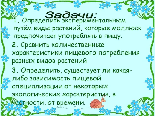 1. Определить экспериментальным путём виды растений, которые моллюск предпочитает употреблять в пищу.