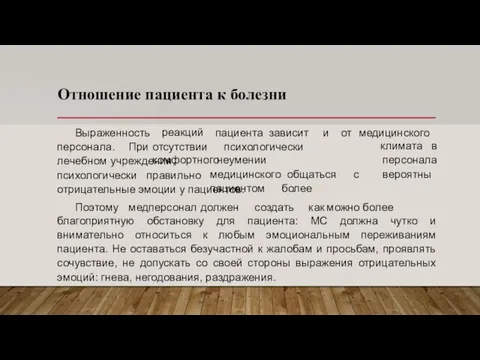 Отношение пациента к болезни Выраженность пациента зависит и от медицинского реакций отсутствии