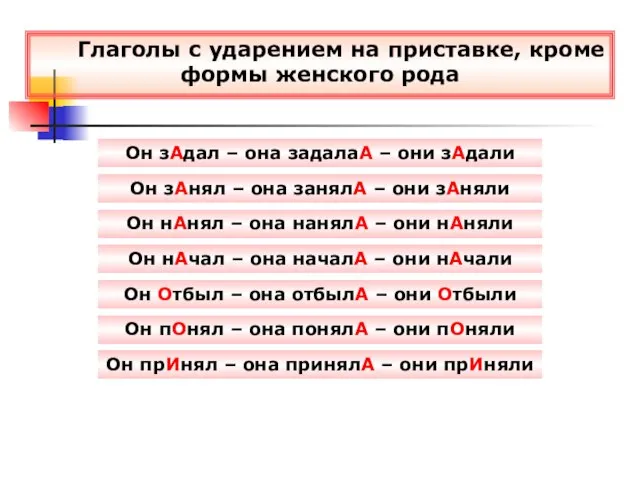 Глаголы с ударением на приставке, кроме формы женского рода Он зАдал –