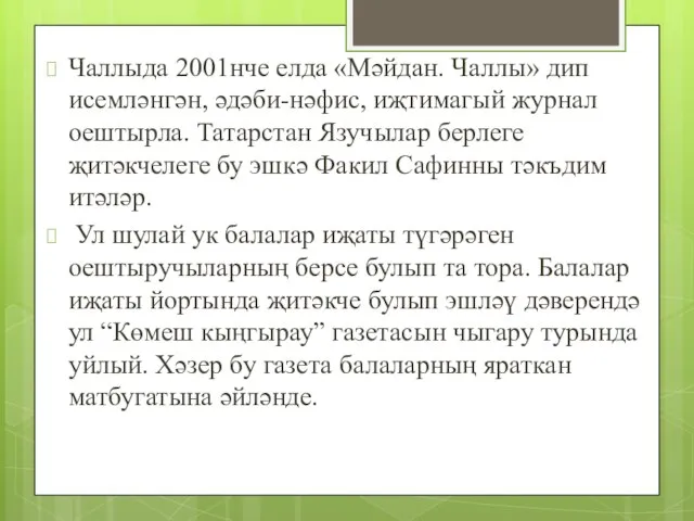 Чаллыда 2001нче елда «Мәйдан. Чаллы» дип исемләнгән, әдәби-нәфис, иҗтимагый журнал оештырла. Татарстан