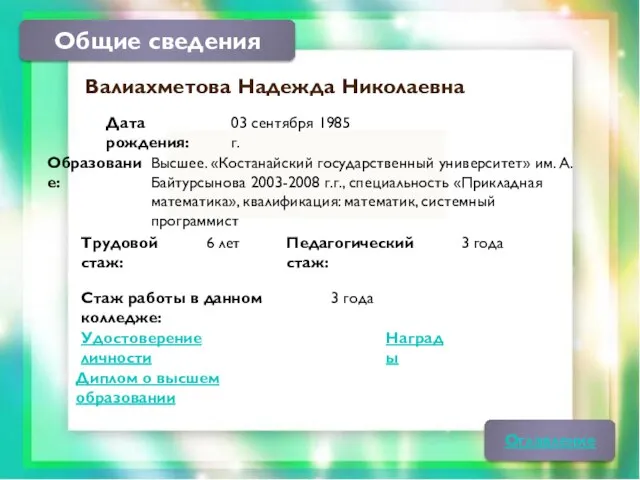 Оглавление Общие сведения Трудовой стаж: Дата рождения: Образование: Педагогический стаж: Стаж работы