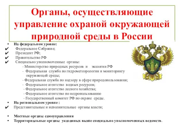 Органы, осуществляющие управление охраной окружающей природной среды в России На федеральном уровне: