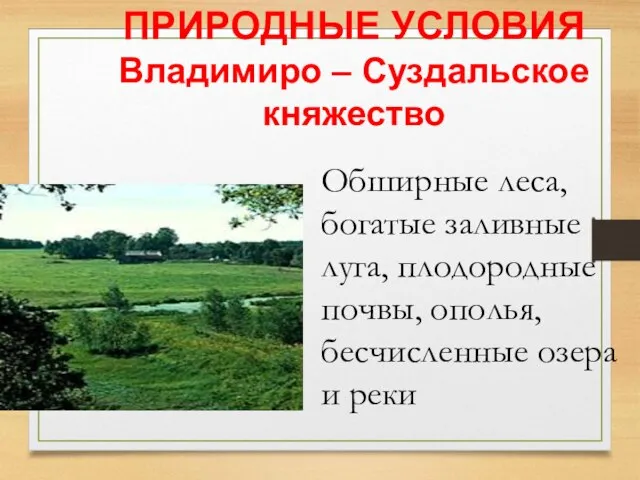 ПРИРОДНЫЕ УСЛОВИЯ Владимиро – Суздальское княжество Обширные леса, богатые заливные луга, плодородные