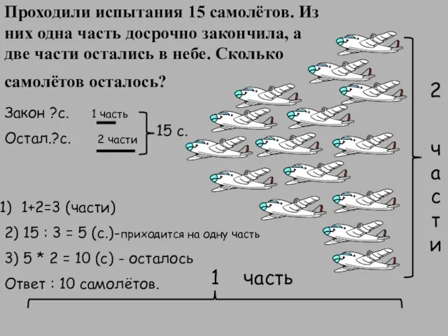 2 части 1 часть Проходили испытания 15 самолётов. Из них одна часть