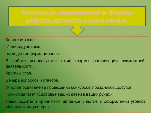 Коллективные Индивидуальные, наглядно-информационные. В работе используются такие формы организации совместной деятельности: Круглый