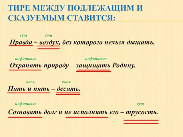 ТИРЕ МЕЖДУ ПОДЛЕЖАЩИМ И СКАЗУЕМЫМ СТАВИТСЯ: сущ сущ Правда воздух, без которого