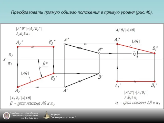 Преобразовать прямую общего положения в прямую уровня (рис.46).