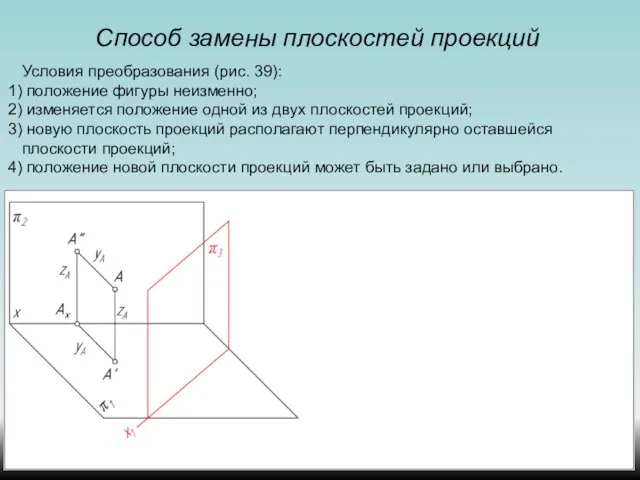 Способ замены плоскостей проекций Условия преобразования (рис. 39): положение фигуры неизменно; изменяется