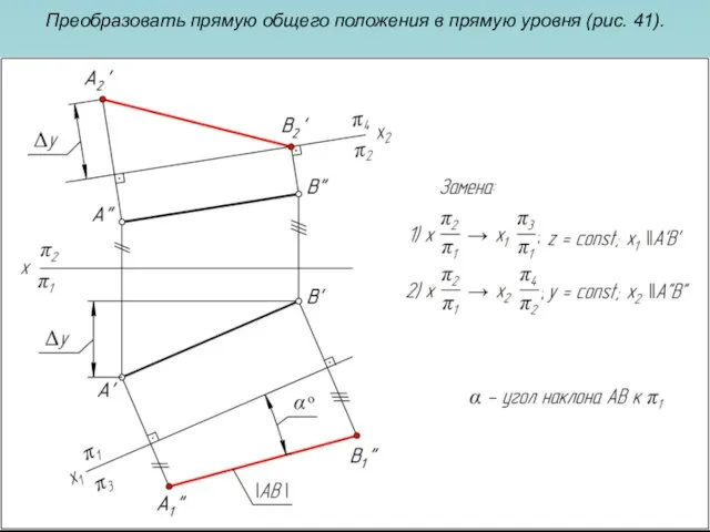 Преобразовать прямую общего положения в прямую уровня (рис. 41).