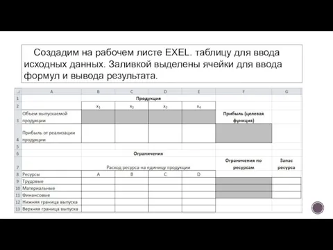 Создадим на рабочем листе EXEL. таблицу для ввода исходных данных. Заливкой выделены