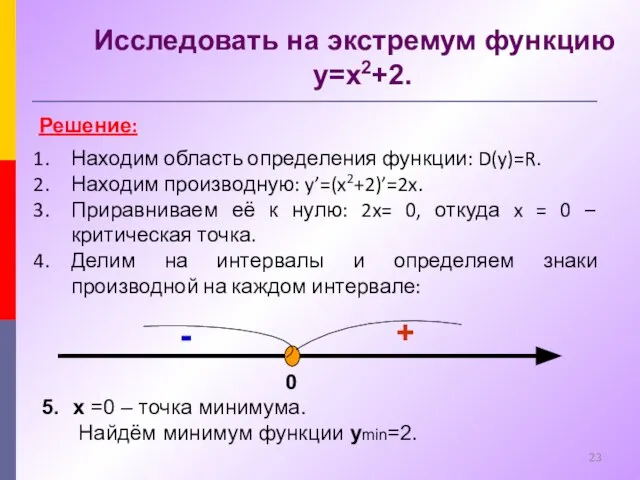 Исследовать на экстремум функцию y=x2+2. Решение: Находим область определения функции: D(y)=R. Находим