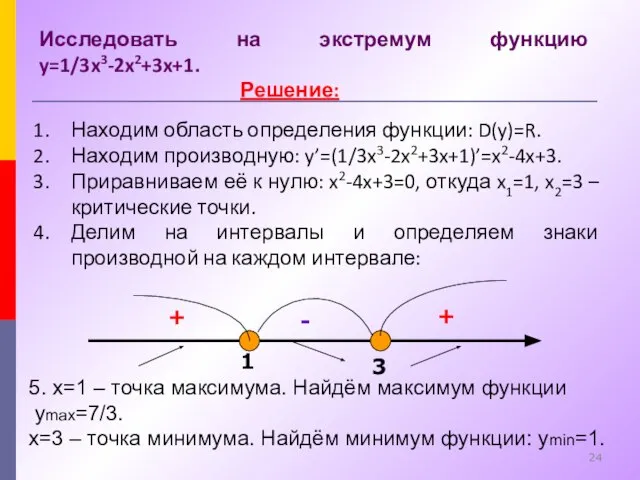 Исследовать на экстремум функцию y=1/3x3-2x2+3x+1. Решение: Находим область определения функции: D(y)=R. Находим