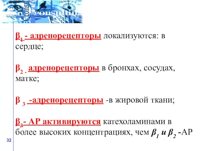 β1 - адренорецепторы локализуются: в сердце; β2 - адренорецепторы в бронхах, сосудах,