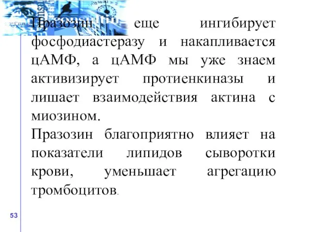 Празозин еще ингибирует фосфодиастеразу и накапливается цАМФ, а цАМФ мы уже знаем