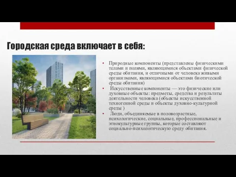 Городская среда включает в себя: Природные компоненты (представлены физическими телами и полями,