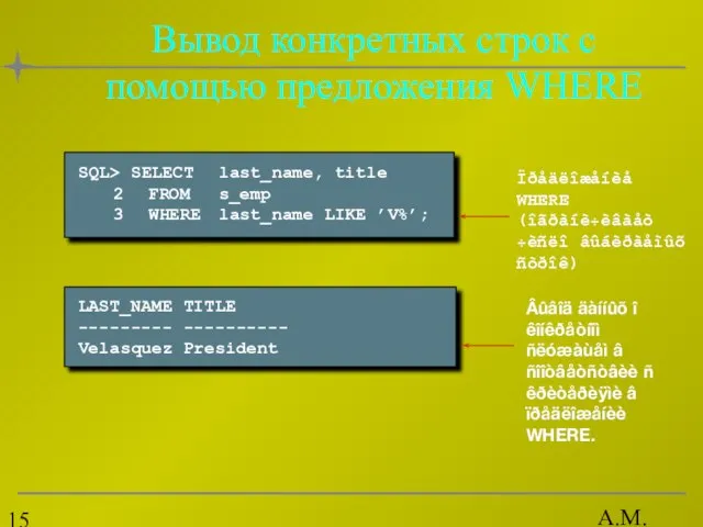 А.М. Гудов Вывод конкретных строк с помощью предложения WHERE SQL> SELECT last_name,