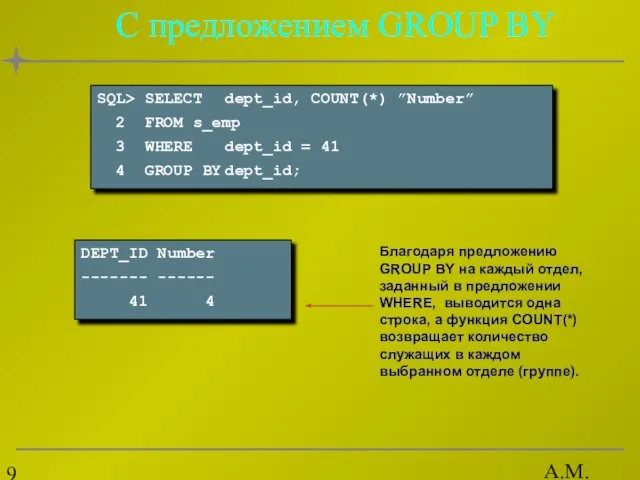 А.М. Гудов С предложением GROUP BY Благодаря предложению GROUP BY на каждый